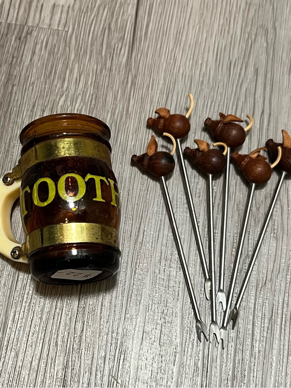 Vintage Barrel “Toothpicks” Mini Jar With Wooden Pig-Top Cocktail Picks